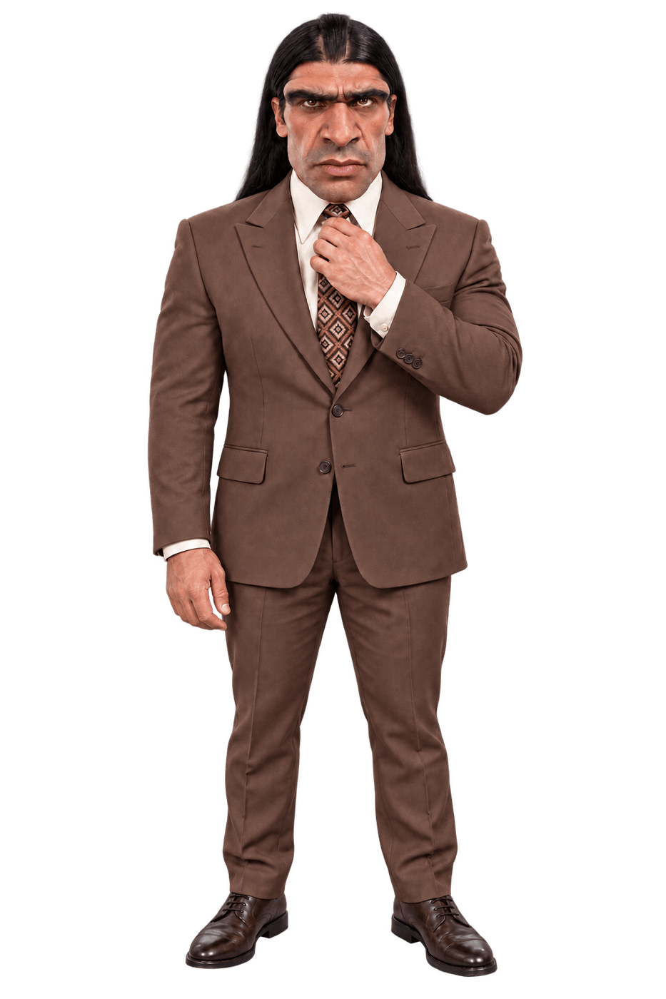 A long-haired character with heavy eyebrows, wearing a brown suit and adjusting his tie